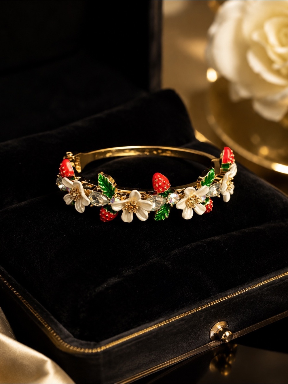 Gold Floral Strawberry Bangle Bracelet